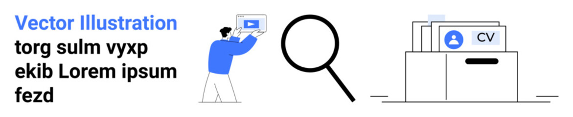 Person analyzing digital profiles on a screen, magnifying glass, CV in a file. Ideal for recruitment, talent evaluation, job hunting, HR management, career development, digital research simple