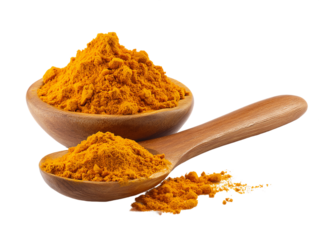 Golden Turmeric Powder in Wooden Spoon and Bowl, PNG
