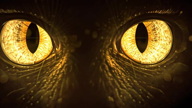 Piercing golden reptile eyes stare, glittering fiercely in the dark