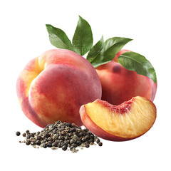 Ripe peach paired with bold black peppercorns – artistic food photography PNG isolated on transparent background
