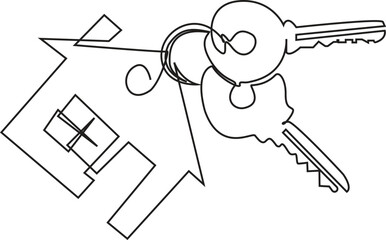 continuous line art drawing of a house with a key, Set of keys against white background, Continuous one line art drawing symbol of house keys, Real Estate Line Icon Vector Design.