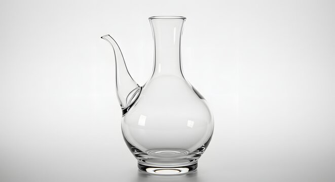 Clear glass porron pitcher with spout on a white background in studio lighting