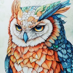 Colorful owl illustration featuring intricate feather details and vibrant hues, showcasing the beauty of wildlife art and the majesty of nature in a captivating design