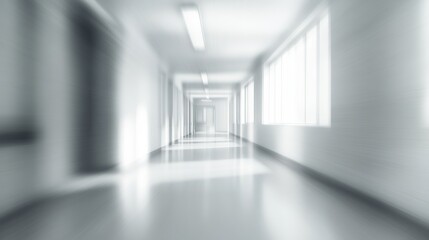 Blurred perspective of a long corridor with bright lights and large windows, showcasing a modern architectural design and spacious environment with clean lines and minimalistic style