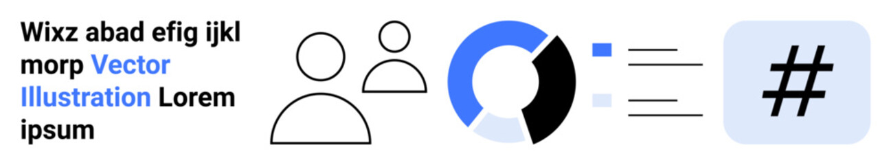 User profiles, pie chart, list items, and metadata tag icon emphasizing collaboration, analytics, social media, teamwork, digital marketing, simplicity and a straightforward landing page