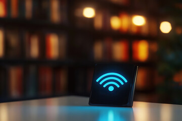 Wireless internet symbol illuminated on a sleek black device, placed on a table with a blurred bookshelf background, representing connectivity and modern technology