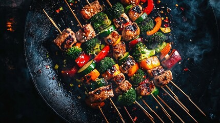 Grilled skewers featuring marinated meat and colorful vegetables, arranged on a dark grill, surrounded by smoke and vibrant spices, showcasing a delicious culinary experience