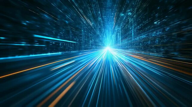Futuristic hyperspace jump with blue and orange light trails speeding through a digital tunnel connecting to artificial intelligence