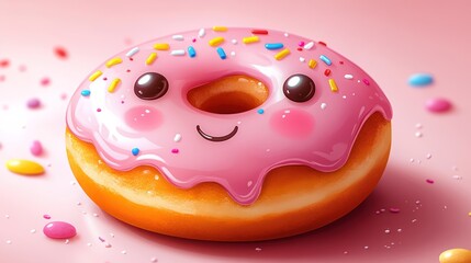 Happy pink donut, sprinkles, candy background, dessert illustration
