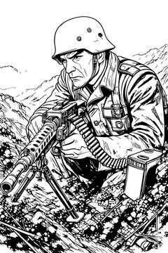 Black and White Ink Illustration of WWII German Soldier with MG42 Machine Gun on Battlefield &ndash; Vintage War Scene Line Art

