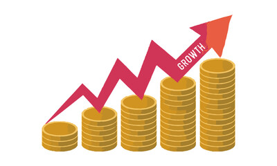A modern vector illustration of stacked gold coins arranged in ascending order, forming bar graph columns. A bold, red zigzag arrow runs across the tops of the coin stacks, easily editable and scalabl