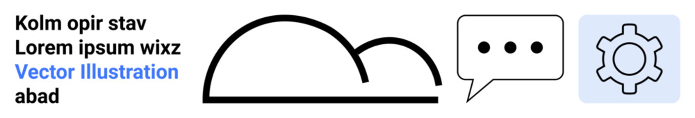Cloud outline next to speech bubble with three dots and gear icon. Ideal for technology, teamwork, communication, cloud computing, digital tools, software, simple landing page