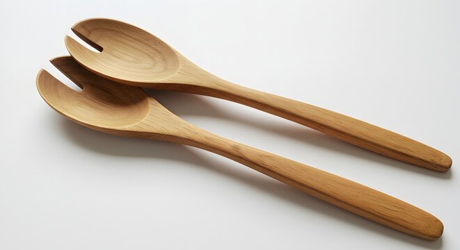 Two wooden salad serving spoons with forked ends lying on a white surface close up - Powered by Adobe