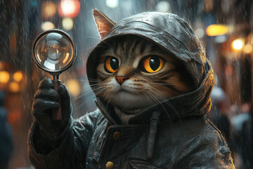 Cat in assassin costume holding a magnifying glass.