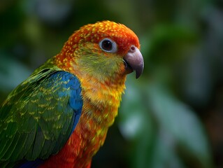 Obraz premium Vibrant tropical parrot perched in close-up profile shot showcasing exotic plumage details and wildlife photography