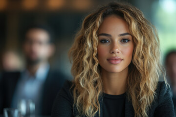Obraz premium Woman with long blonde hair wearing a black jacket.