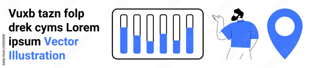 Poster bar chart with fluctuating data, man pointing at details, and location pin symbolizing data analysis