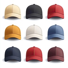 Nine baseball caps in various colors, displayed on a white background