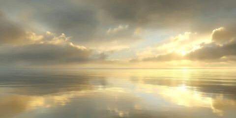 Fototapeta premium Golden sunrise over calm water with soft clouds reflection, peaceful landscape background