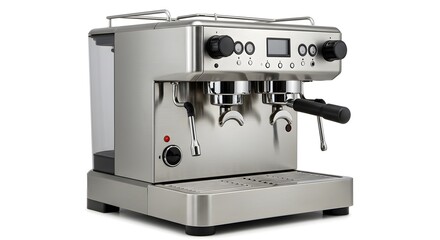 A stainless steel espresso machine with water tank on a white background studio shot
