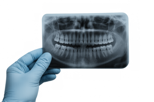 Dentist wearing gloves holding panoramic dental x-ray on transparent background