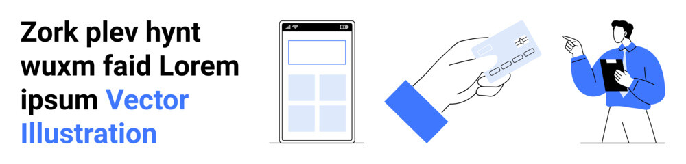 Smartphone with payment app, hand offering a card, professional holding clipboard. Ideal for e-commerce, finance, technology, teamwork, mobile apps, user experiences simple landing page