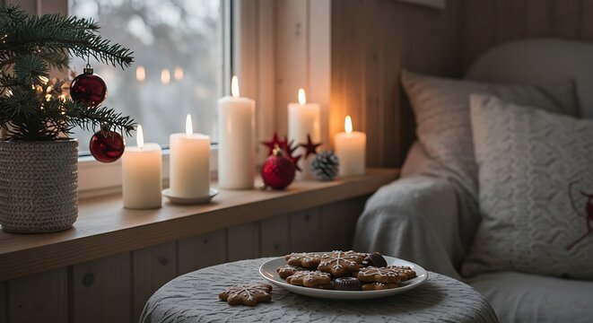 Candles Gingerbread Cookies Cozy Christmas Scene