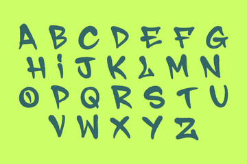 Graffiti tag alphabet A to Z in green spray paint style on light green background. Vector design with raw street art texture, perfect for urban culture, youth projects, and graffiti elements.