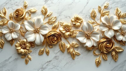 Gold, white floral wall art on marble; elegant home decor