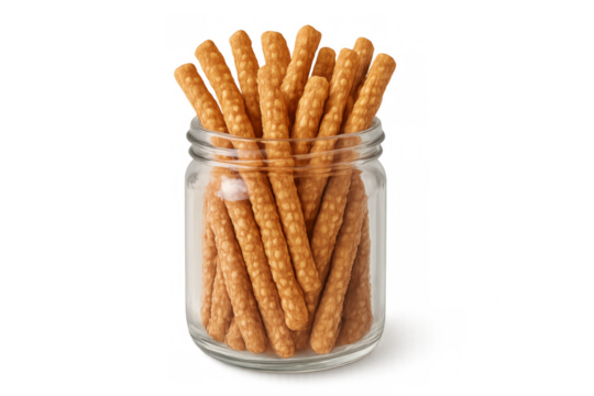 Crispy breadsticks filling glass jar on transparent background