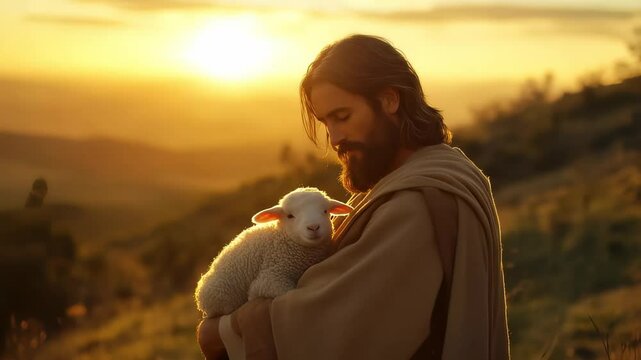 Jesus Christ bathed in sunset light, gently holds a lamb.