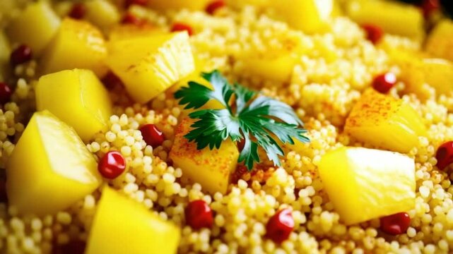 Cornmeal couscous with fruit close up