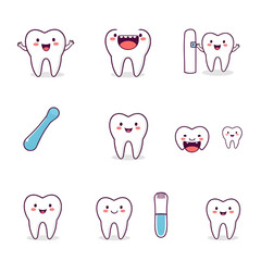 Cute cartoon tooth vector set. Baby teeth health and hygiene icons