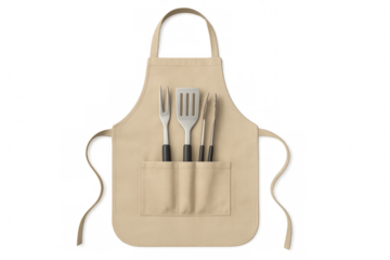 Beige kitchen apron with barbecue utensils on transparent background