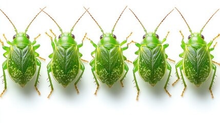 Green bugs studio shot, row, white background, nature, insect