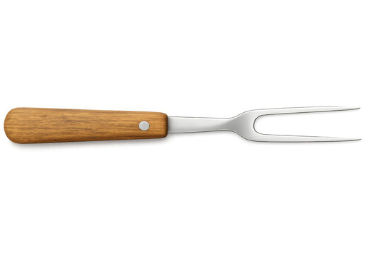 Large meat fork with wooden handle on transparent background