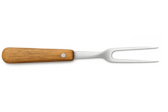 Large meat fork with wooden handle on transparent background