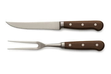 Steak cutlery set with serrated knife and carving fork on transparent background