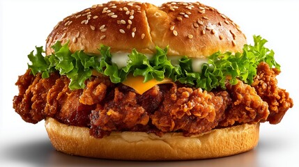 Crispy fried chicken sandwich with lettuce on plain bright white background no shadows, professional food photography