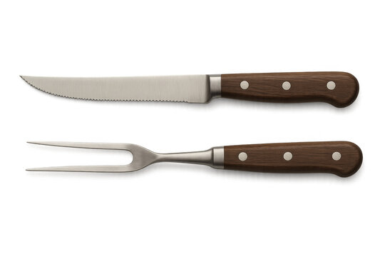 Steak cutlery set with serrated knife and carving fork on transparent background