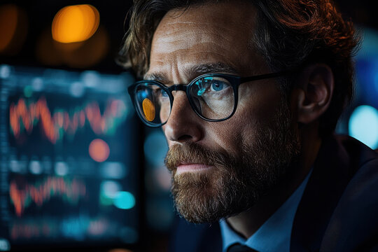 Man with glasses looking at computer screen.