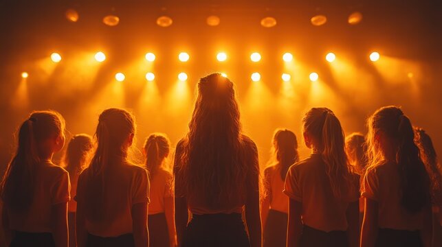 Children's choir performance on stage, spotlights,  orange light