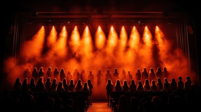 Chorus performance, stage lights, smoky backdrop, large audience