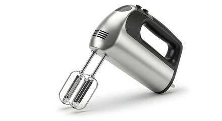 A close up view of a silver and black hand mixer on a white background surface