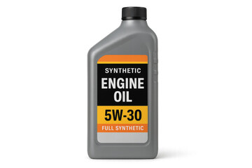 Gray plastic bottle of full synthetic 5w-30 engine oil on transparent background