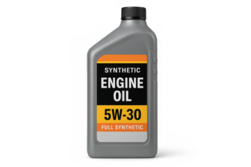 Gray plastic bottle of full synthetic 5w-30 engine oil on transparent background