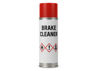 Brake cleaner spray can with ghs hazard pictograms on transparent background