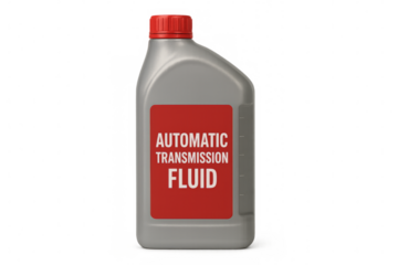 Gray plastic bottle containing automatic transmission fluid on transparent background