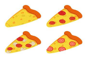 Set of pizza slice illustrations with cheese, pepperoni, mushrooms, tomatoes. Flat design, isolated