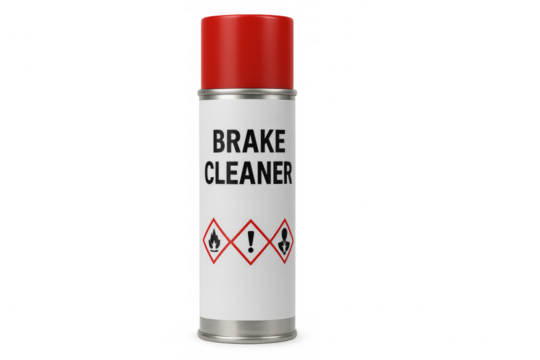 Brake cleaner spray can with ghs hazard pictograms on transparent background